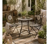 Wyld Haus Lilera 3-Piece Grey Mosaic Tile Bistro Set With Folding Metal Chairs And Round Ceramic Table