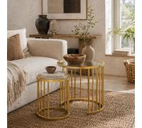 Wyld Haus Livi Set Of 2 Gold Metal And Tempered Glass Round Nesting Coffee Tables, Art Deco Stripe Design