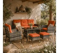 Wyld Haus Lodori 7-Seater Grey Rattan Outdoor Dining Set With Orange Cushions And Glass Table