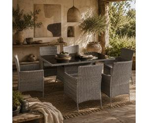Wyld Haus Lona Rattan Charcoal Grey 6-Seater Outdoor Dining Set - 6 Cushioned Armchairs With Rectangular Toughened Glass Table