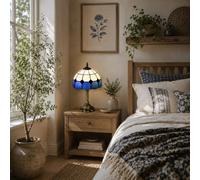 Wyld Haus Lonema Art Deco Glass Table Lamp - White And Blue Stained Glass, Bronze-Tone Base, 35Cm