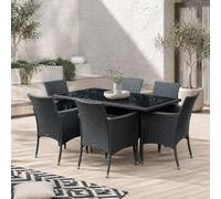 Wyld Haus Loreke Black Rattan 7-Piece Outdoor Dining Set - Rectangular Glass-Top Table With 6 Armchairs