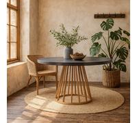 Wyld Haus Lucca Round Dining Table, Grey Faux Dark Concrete Top With Brushed Gold Base