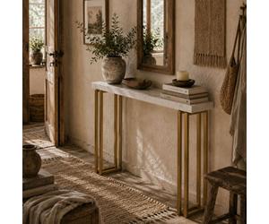 Wyld Haus Luka 100Cm Slim Faux Marble Console Table White Marble-Effect Top Gold Base With Safety Bracing