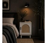 Wyld Haus Luna White Wooden Rattan Bedside Table With Arched Door And Adjustable Shelf 40W X 35D X 58H Cm