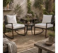 Wyld Haus Madile 3-Piece Rattan Bistro Set With Rocking Chairs And Round Glass Coffee Table - Brown Black With Cream Cushions