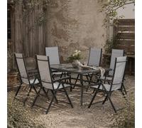 Wyld Haus Mamoka 7-Piece Outdoor Dining Set - Rectangular Table With 6 Folding Grey Mesh Chairs And Parasol Hole