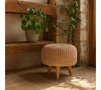 Wyld Haus Mantua Beige Woven Round Footstool, Mango Wood Legs, 400mm