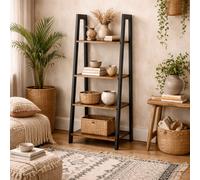Wyld Haus Maynooth Industrial 4-Shelf Wood Effect And Black Metal Ladder Bookcase