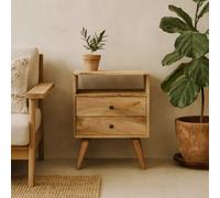 Wyld Haus Megeve Classic Natural Oak Mango Wood Bedside Table 2 Drawers Open Shelf