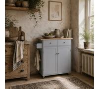 Wyld Haus Mobani Grey Rolling Kitchen Island With Natural Rubberwood Top, Drawers, Towel Rack And Hooks