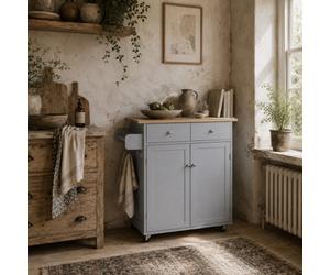 Wyld Haus Mobani Grey Rolling Kitchen Island With Natural Rubberwood Top, Drawers, Towel Rack And Hooks