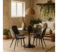 Wyld Haus Mombasa 900mm Matt Black Ceramic Round Dining Table With 4 Light Grey Fabric Chairs