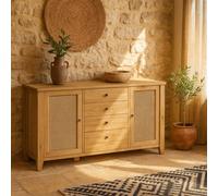 Wyld Haus Monza Natural Oak And Rattan Sideboard - 2 Door 4 Drawer Large Storage Cabinet