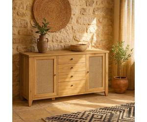 Wyld Haus Monza Natural Oak And Rattan Sideboard - 2 Door 4 Drawer Large Storage Cabinet