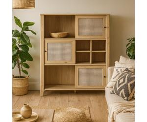 Wyld Haus Monza Natural Oak Wood And Rattan 3-Sliding-Door Highboard