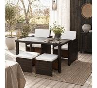 Wyld Haus Nevani Brown 5 Piece Cube Rattan Garden Dining Set With Armchairs Stools And Rectangular Glass Table