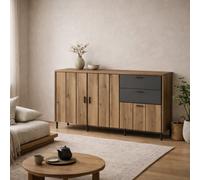 Wyld Haus Nightbloom Grey & Oak Effect Sideboard - 3 Door 2 Drawer Metal Legs
