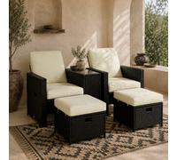 Wyld Haus Niludo 5-Piece Adjustable Faux Rattan Outdoor Lounger Set Black And Beige - 2 Recliners, 2 Footstools, Side Table