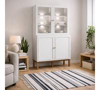 Wyld Haus Niva Display Cabinet In Light Grey And Natural Oak Effect With Led Lighting, 4 Doors