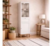 Wyld Haus Niva Light Grey And Natural Oak Effect Display Cabinet With Led Lighting 2 Doors 1 Drawer