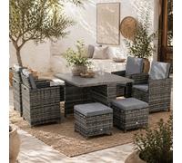 Wyld Haus Noco Rattan Grey 8-Seater Outdoor Dining Set With Armchairs And Footstools, 9-Piece Cube Layout