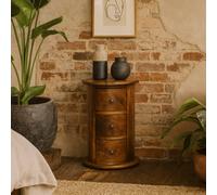 Wyld Haus Olbia Mini Drum Chest, 3-Drawer Solid Mango Wood, Chestnut Finish, Round Bedside Table