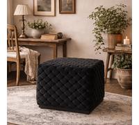 Wyld Haus Parker Small Black Velvet Diamond-Tufted Square Pouffe