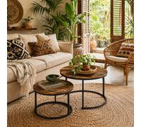 Wyld Haus Pasu Set Of 2 Round Nesting Coffee Tables - Rustic Brown Tabletops With Black Metal Frames