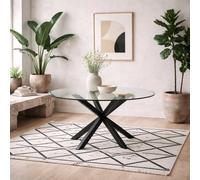 Wyld Haus Perth 119Cm Round Tempered Glass Dining Table With Matte Black Metal Cross Base Seats 4