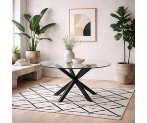 Wyld Haus Perth 119Cm Round Tempered Glass Dining Table With Matte Black Metal Cross Base Seats 4