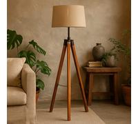 Wyld Haus Phuket Fixed Chrome And Teak Wood Tripod Floor Lamp, 115 Cm, Neutral Shade