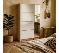 Wyld Haus Prague Natural Oak-Effect Shoe Cabinet With Mirror And 4 Flip Doors