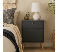 Wyld Haus Quietbloom Dark Grey Wooden Bedside Table, 1 Door, 1 Drawer, Solid Oak Legs