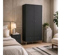 Wyld Haus Quietbloom Dark Grey Wooden Wardrobe 2 Doors 2 Drawers Oak Handles