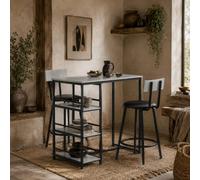 Wyld Haus Raco Sera 3-Piece High Bar Table And 2 Bar Chairs Set With Integrated Shelving - Light Grey And Black