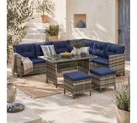 Wyld Haus Rarapa Dark Blue 7-Seater Rattan Garden Sofa Set With Glass Table And Cushions