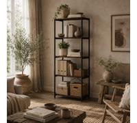 Wyld Haus Ravi Mami 5-Tier Industrial Bookcase - Rustic Brown Shelves, Black Metal Frame, 79W X 35D X 161H Cm