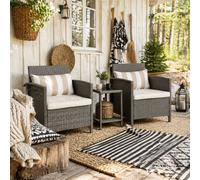 Wyld Haus Reha Rattan Light Grey 3-Piece Garden Bistro Set - 2 Cushioned Armchairs And 2-Tier Tempered Glass Table