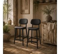 Wyld Haus Resono Sora Set Of 2 Solid Wood Black Bar Stools With Faux Leather Seats