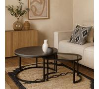Wyld Haus Reykjavik Black Marble Effect And Grey Glass Nesting Coffee Table Set With Black Hairpin Legs