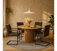 Wyld Haus Rome Round Wild Oak-Effect Dining Table With 4 Grey Fabric Chairs