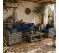Wyld Haus Sacoel Navy Blue And Grey 5-Seater Modular Rattan Outdoor Sofa Set With Two-Tier Table