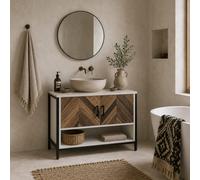 Wyld Haus Saha Rato 80W X 40D X 60H Cm Rustic Cream White Under-Sink Cabinet With Herringbone Doors And U-Shaped Cut-Out