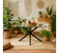 Wyld Haus Saignon Rectangular Glass Dining Table With Cross X Matte Black Metal Legs