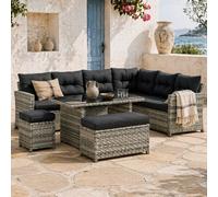 Wyld Haus Sakale Mixed Grey 9-Seater Rattan Garden Furniture Set With Corner Sofas, Footstools And Glass Coffee Table