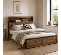 Wyld Haus Sata 4Ft 8In Rustic Brown And Black Industrial Double Bed Frame With Headboard Storage