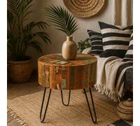 Wyld Haus Seattle Reclaimed Wood Drum Side Table With Metal Hairpin Legs