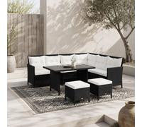 Wyld Haus Semapa 8-Seater Black Rattan Corner Dining Sofa Set With Double Table, Footstools And Cream Cushions