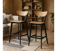Wyld Haus Set Of 2 Saffron Bar Stools Natural Oak Veneer Seats, Matte Black Base